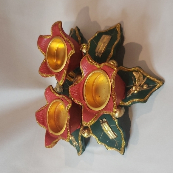 Encore Sales Ltd. clay pottery ceramic Christmas poinsettia 3 tea light holiday - Picture 2 of 15